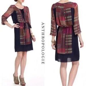 Anthropologie Navy Sheer over Slip Patterned Long Sleeve Dress